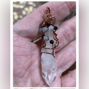 Etched Rare Quartz Wrapped In Copper Hematite & Labradorite Handcrafted Pendant